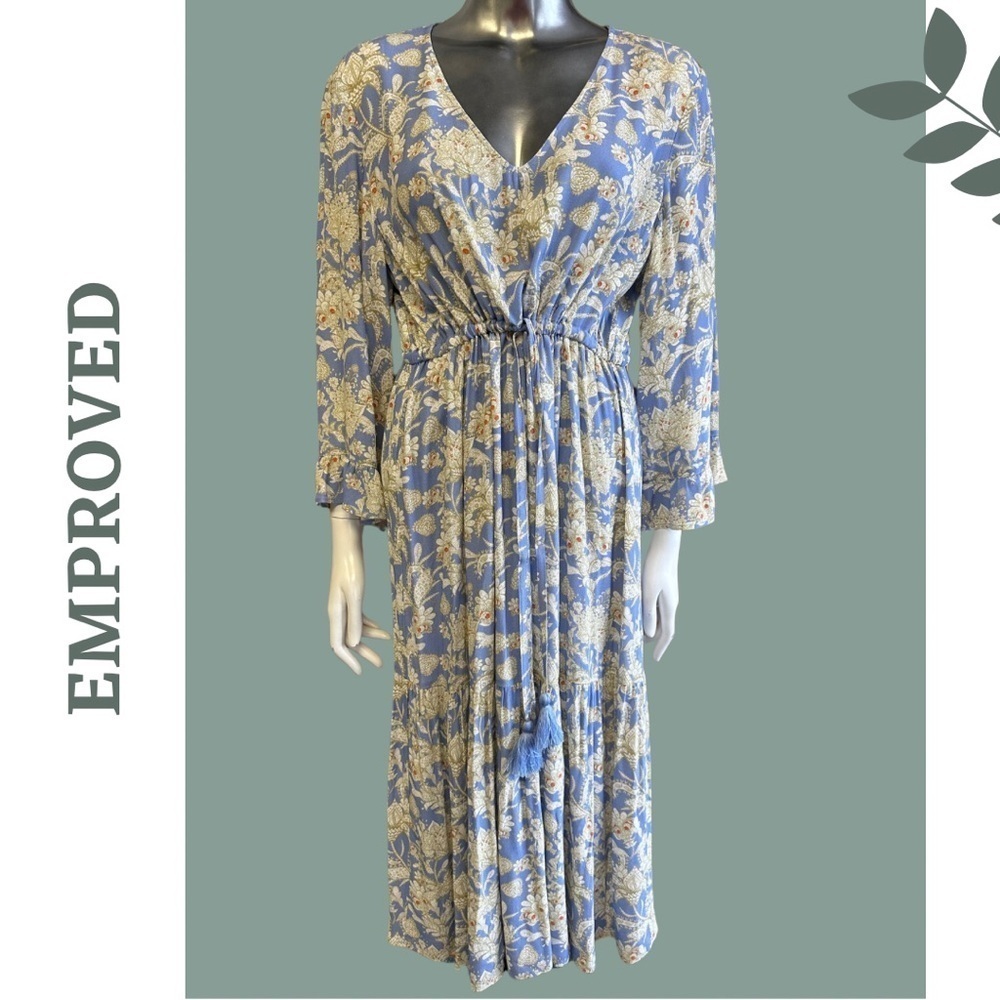 Emproved Sustainable Paisley 3/4 Sleeve MIDI Dress Blue Cream V Neck Size Large